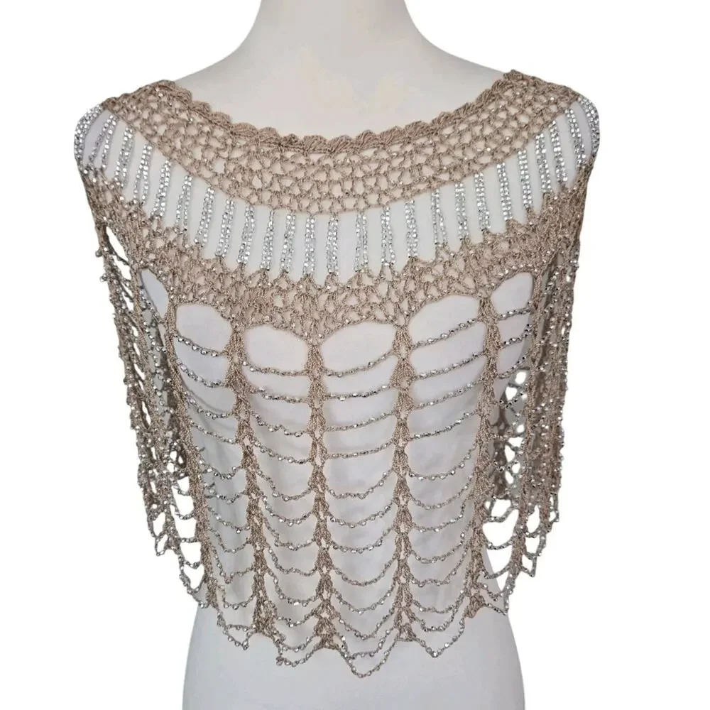 Beaded Crochet Flapper Gatsby Evening Capelet Cape Shawl Tan Silver One Size